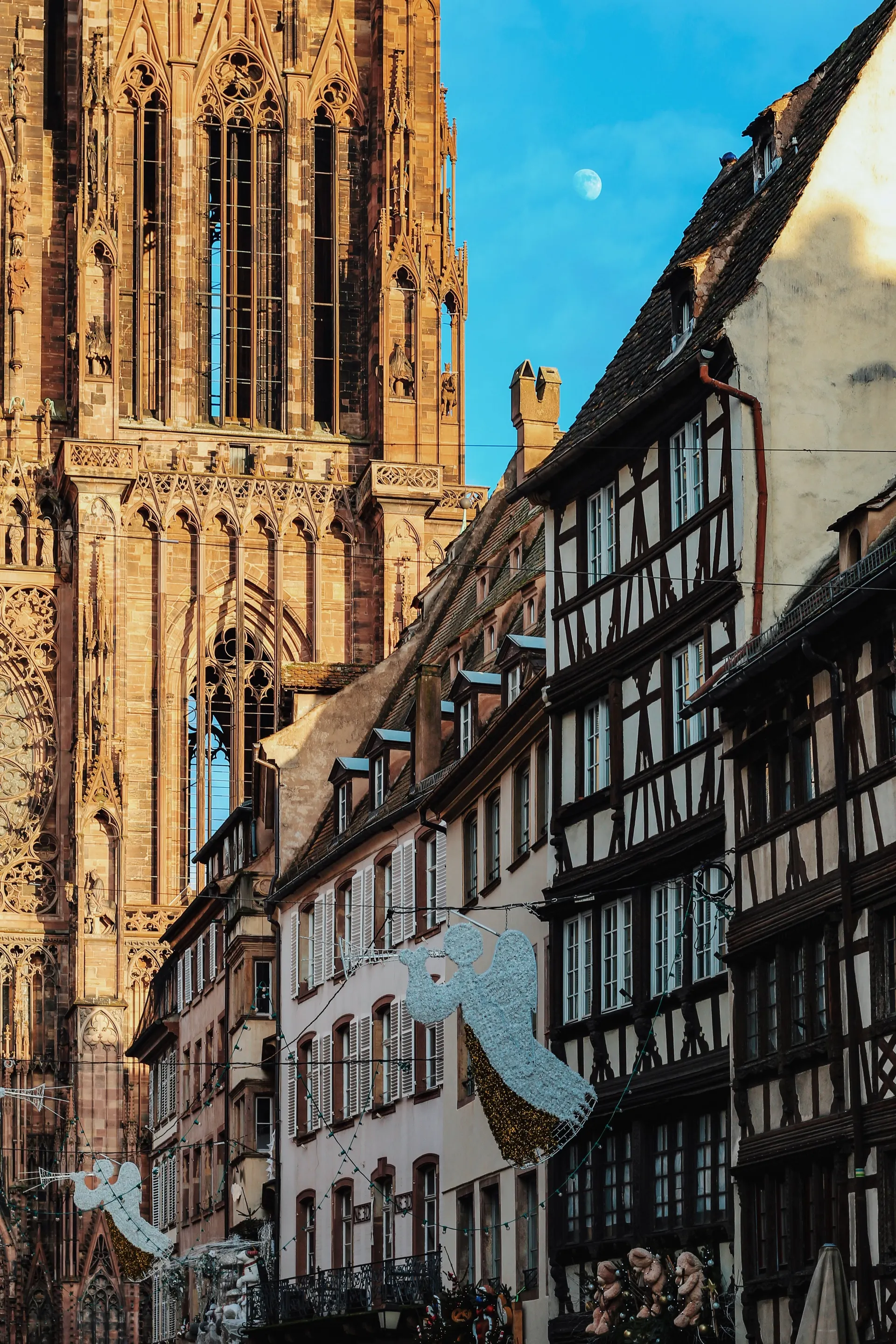 Cathédrale de Strasbourg et maisons à colombages au crépuscule